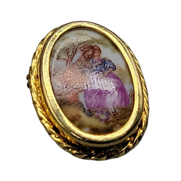 Limoges France Porcelain Brooch Antique Sisters Enamel Design Gold Tone Frame - Picture 4 of 8